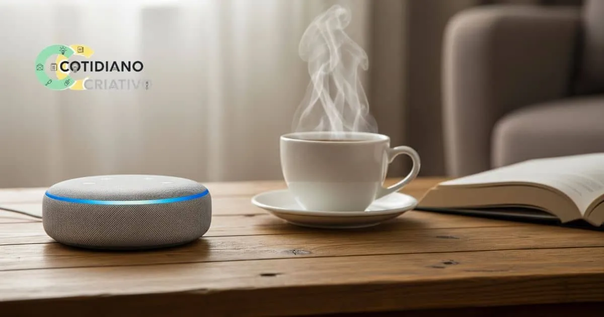 smart speaker pequeno em mesa de sala de estar moderna com decoração minimalista e acolhedora.