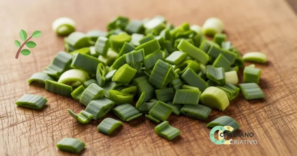 cortes de folhas de alho-poró prontas para reaproveitamento