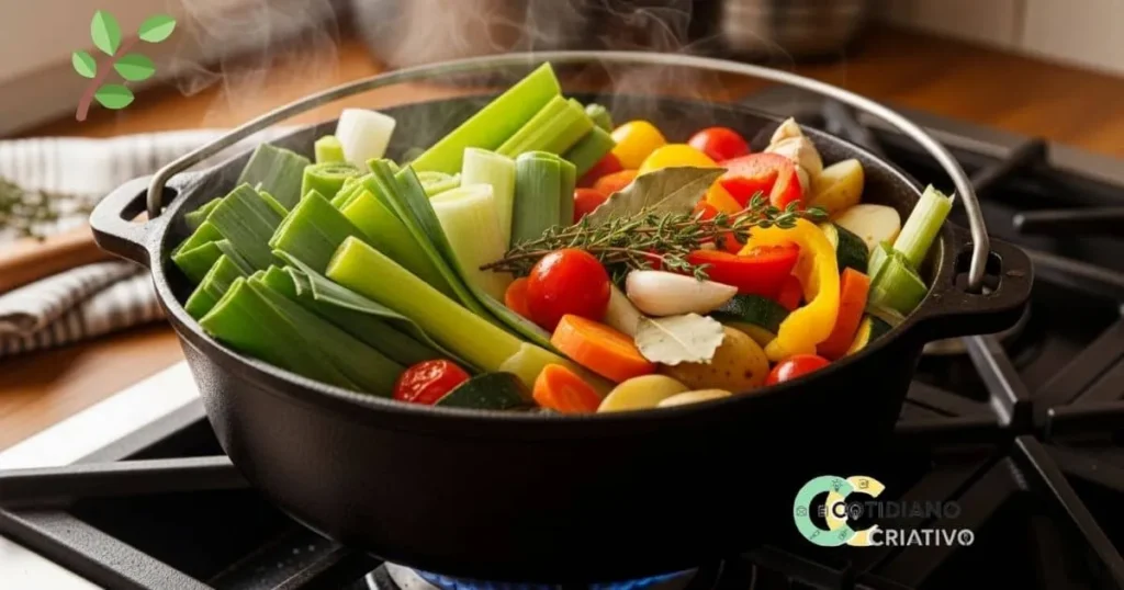 caldo caseiro com folhas de alho-poró reaproveitadas