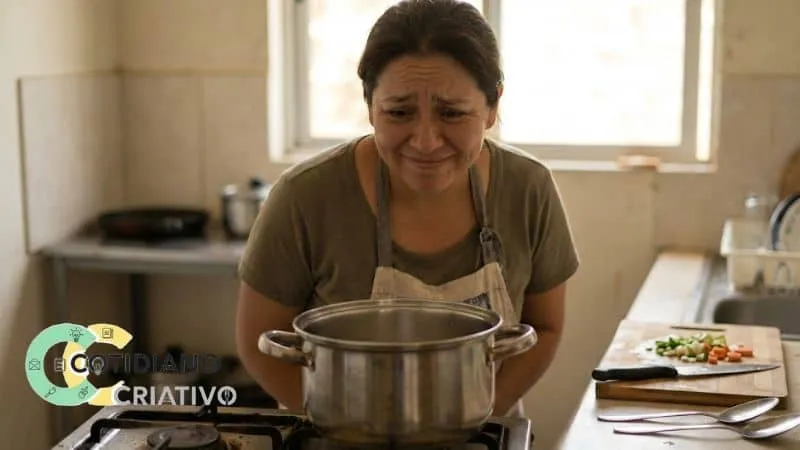 Pessoa iniciando na cozinha, olhando para a panela com leve insegurança e vontade de aprender