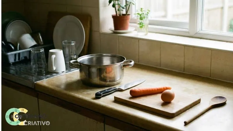 Utensílios básicos de cozinha organizados em bancada simples para começar a cozinhar