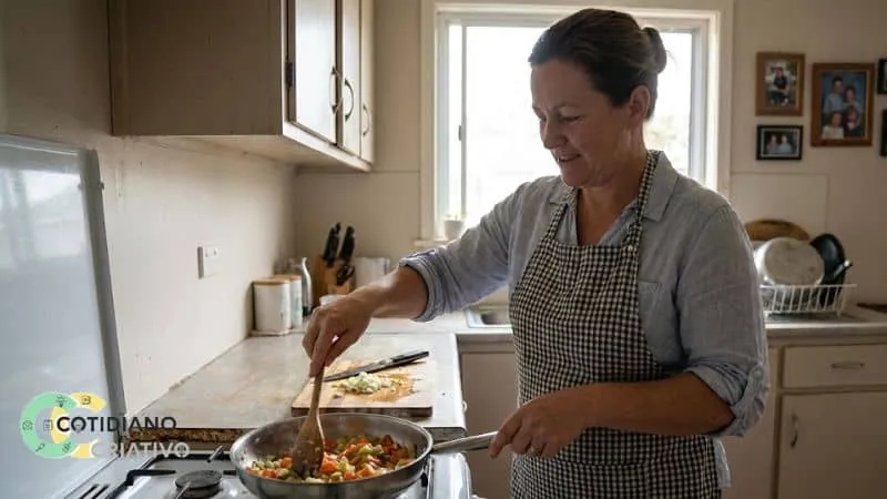 Pessoa adulta cozinhando sozinha pela primeira vez, preparando receita simples com foco e confiança