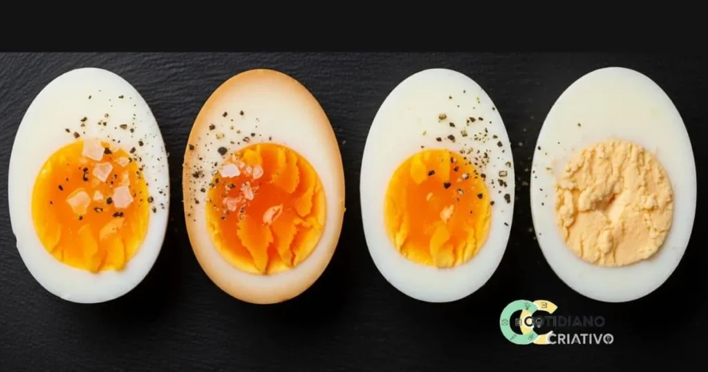 níveis de cozimento do ovo mostrando diferentes pontos de gema.