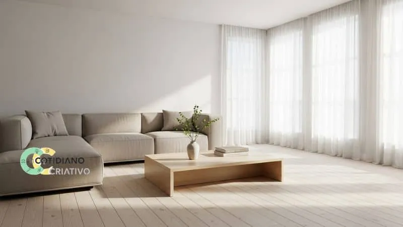 Mesa de sala decorada com elementos naturais e luz suave