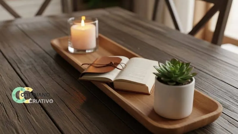 Composição simples com bandeja, vela e planta em mesa de sala