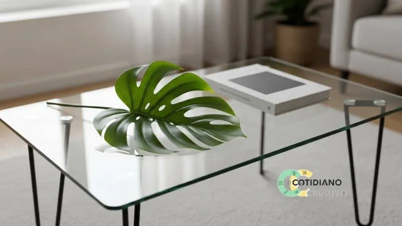 Mesa de vidro decorada com detalhes naturais