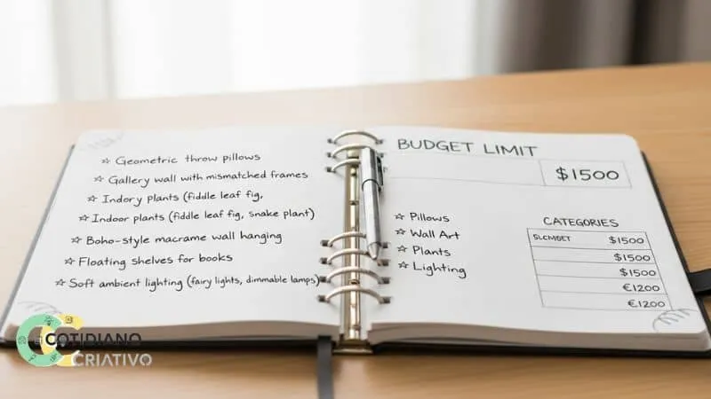 planejamento de decoração barata com orçamento anotado