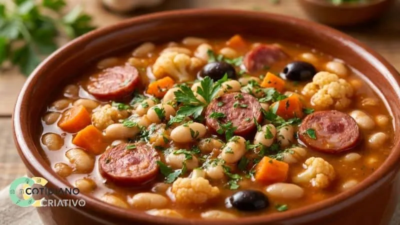 Feijão adubado cozinhando na panela com legumes e carnes, estilo caseiro.