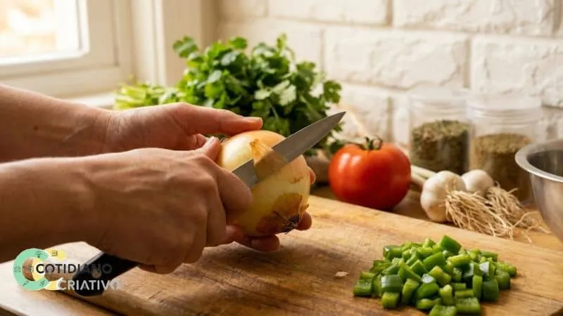 Ingredientes organizados para preparo de feijão adubado.