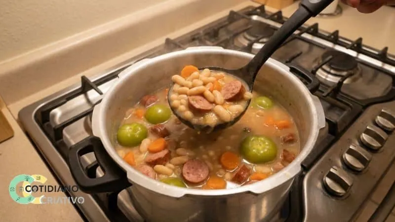 Legumes sendo inseridos após o cozimento inicial do feijão.