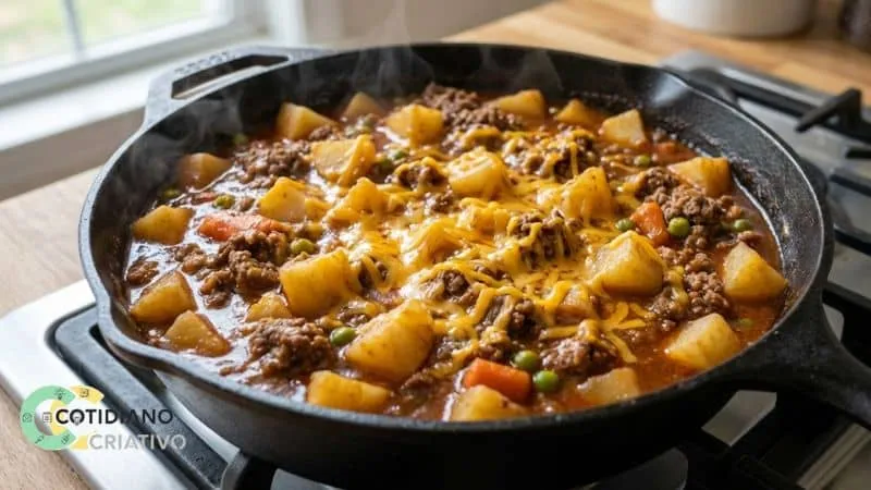 Comida caseira cozinhando em frigideira com carne, batata e queijo.