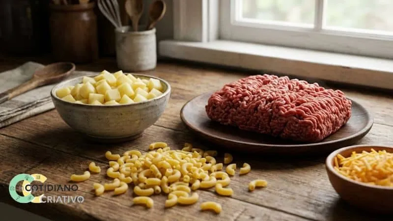 Carne moída, batatas, macarrão e queijo separados para preparo rústico.