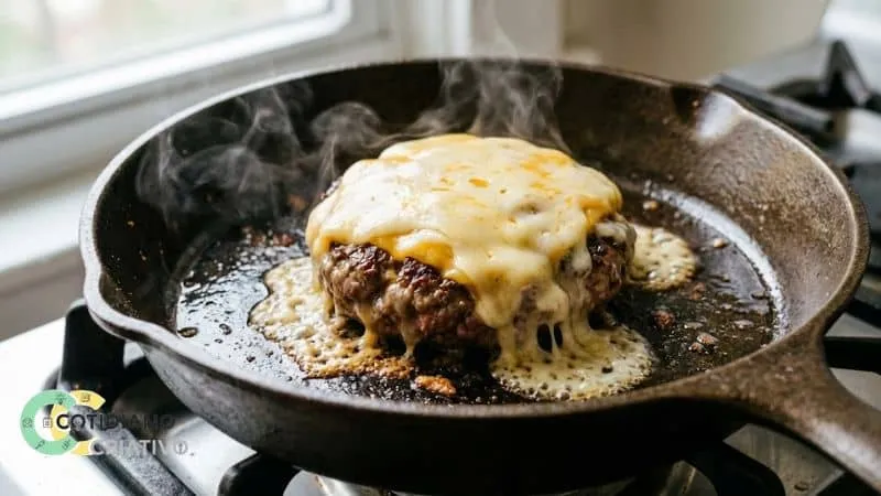 Hambúrguer na frigideira com queijo derretendo por cima.