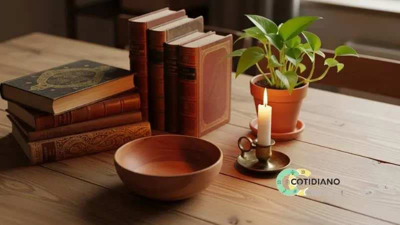 Composição de mesa de centro com livros e planta