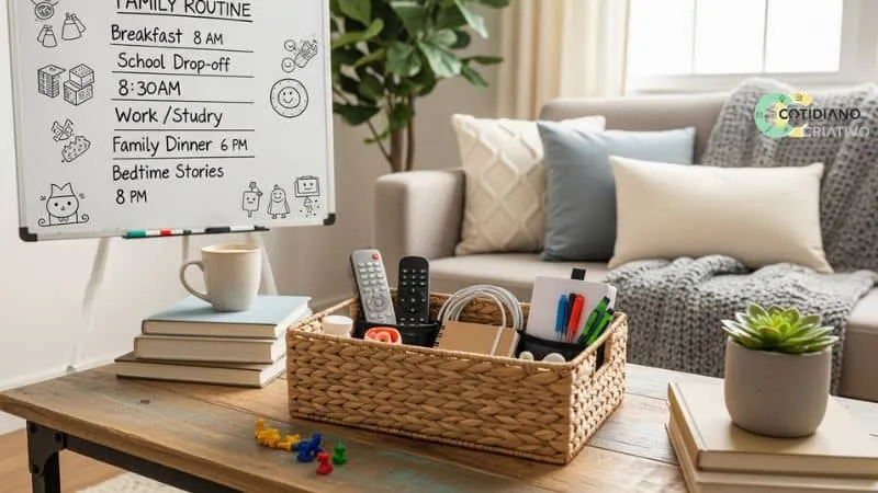 cesta compartilhada na sala para objetos de uso comum, rotina organizada em família