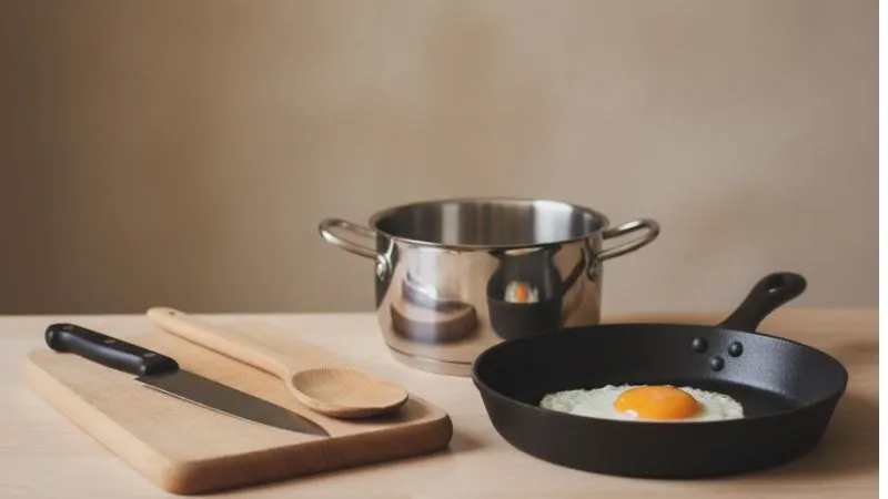 Bancada de cozinha minimalista com utensílios básicos — faca, tábua de madeira, panela, frigideira e colher de pau — organizados com harmonia sob luz natural. A imagem representa o conceito de utensílios essenciais para cozinhar sem gastar muito, com o título ‘Os Utensílios Essenciais (Sem Gastar Muito)’ em destaque.”