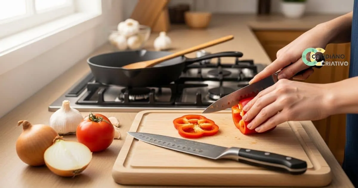 Utensílios básicos de cozinha sobre bancada de madeira iluminada.