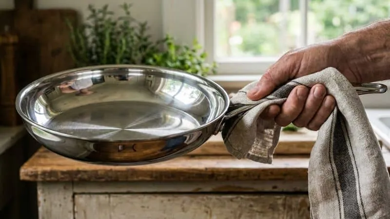 Detalhe de acabamento de panela de aço inox de alta qualidade).