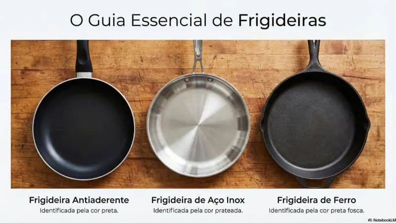 Comparativo visual entre panela antiaderente, aço inox e ferro fundido