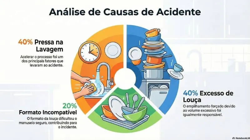 Um gráfico de "Pizza" sobre as Causas do Acidente: 40% Pressa na lavagem, 40% Excesso de louça (empilhamento forçado), 20% Formato incompatível.