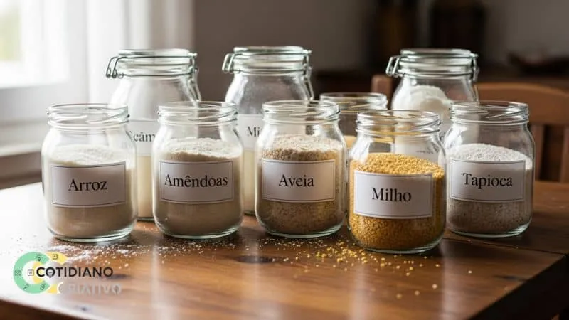 variedade de farinhas sem glúten lado a lado