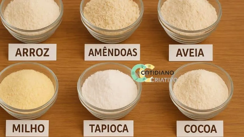 tipos de farinhas sem glúten organizadas em tigelas