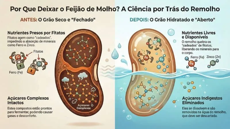 O que acontece dentro do grão? Estilo: Diagrama "Antes e Depois" lado a lado.