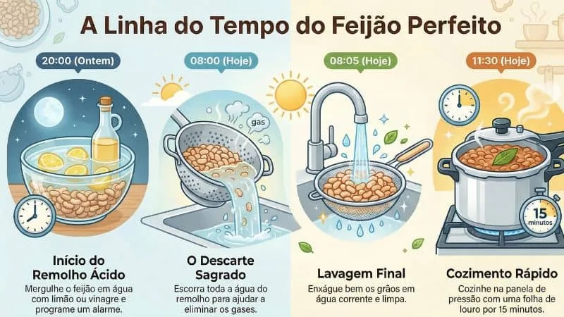 A Linha do Tempo do Feijão Perfeito (Rotina Noturna) Estilo: Uma linha do tempo horizontal ou vertical com ícones de relógio.