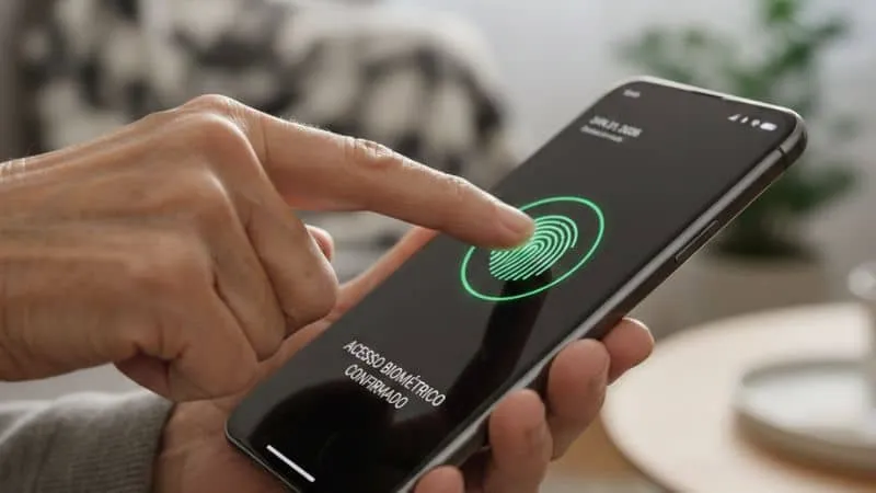 Mão de idoso confirmando acesso biométrico no celular