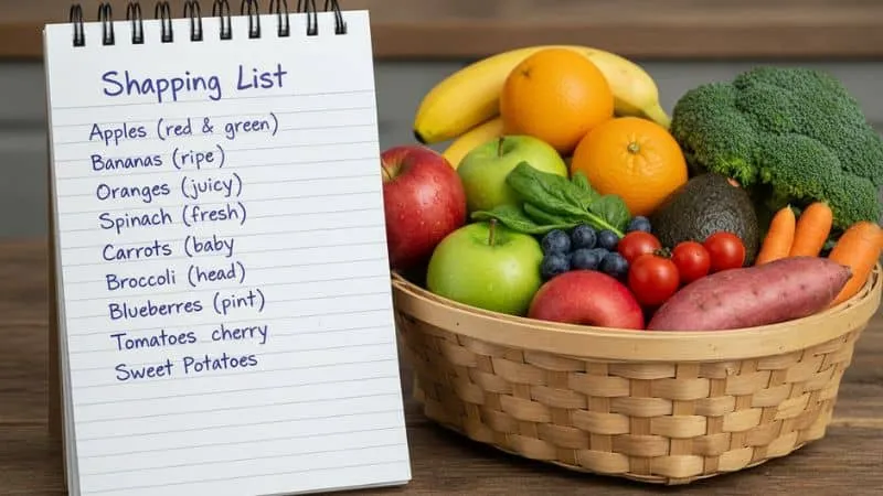 Close-up de um bloco de notas com uma lista de compras escrita à mão ao lado de uma cesta com frutas e legumes coloridos.