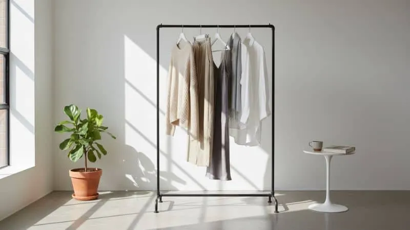 Uma arara de roupas minimalista com poucas peças em tons neutros (estilo armário cápsula), em um ambiente clean e bem iluminado.
