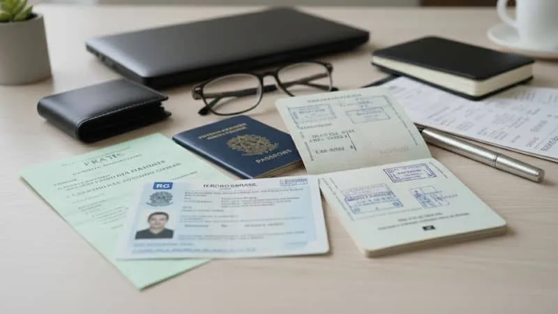 Documentos pessoais organizados sobre uma mesa