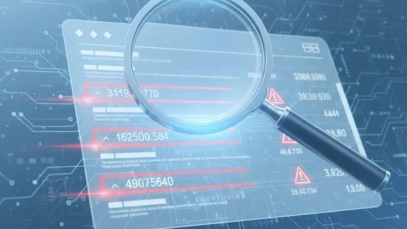 Imagem conceitual de segurança digital mostrando uma lupa pairando sobre um extrato digital de cartão de crédito.