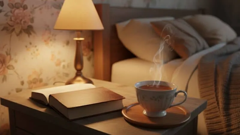Ritual pré-sono com leitura e chá para melhorar a higiene do sono.