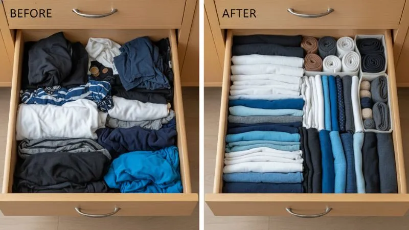 Gaveta organizada antes e depois
Armário simples, sem excesso de objetos