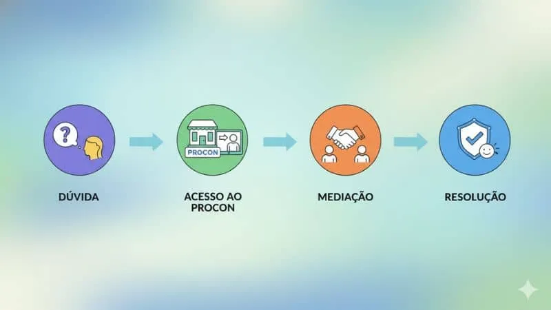 Ilustração mostrando um passo a passo visual da reclamação: pessoa com dúvida → acesso ao Procon → mediação → resolução. Estilo: ícones simples e coloridos.