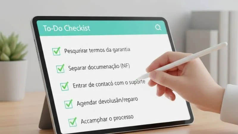 Uma ilustração de um checklist sendo marcado em um tablet, transmitindo a ideia de organização e método.