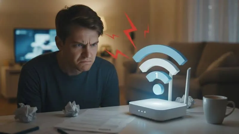 Uma foto de alguém frustrado olhando para o roteador ou um ícone grande de Wi-Fi com sinal baixo.